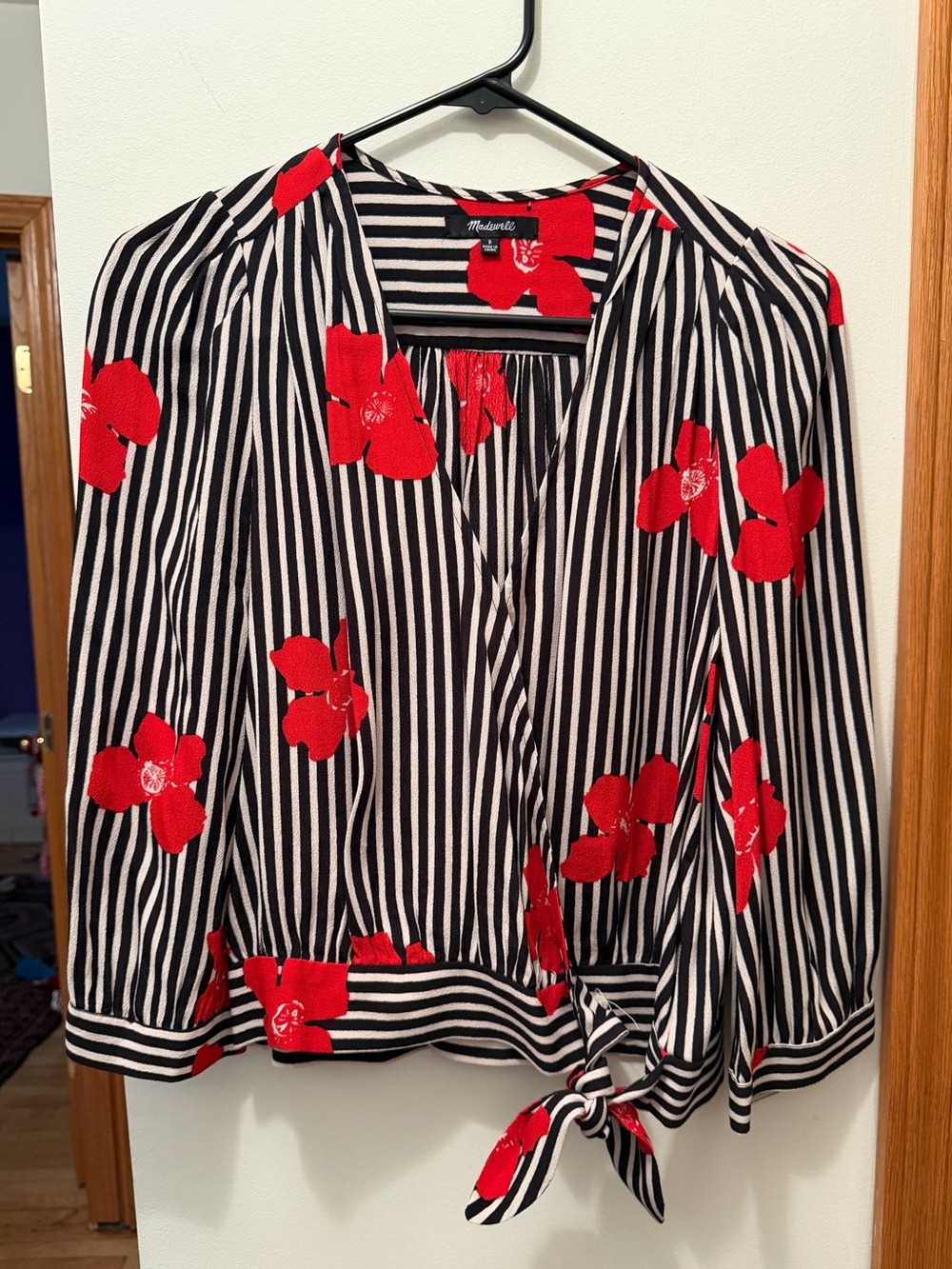 Madewell Black & White Striped Tie-Hem Top with Red Floral Print